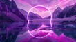 Purple neon ring reflecting in a tranquil lake - The mesmerizing purple neon ring creates a gateway illusion above the tranquil mirror-like lake in a mystical mountainous environment