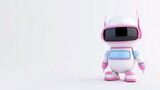 Fototapeta Zachód słońca - This is a cute and friendly robot. It has a white body, pink accents, and a blue chest. It is standing on two legs and has two arms.