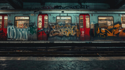 dirty and rusty subway train station , graffiti art in the tunnel , dangerous public transportation