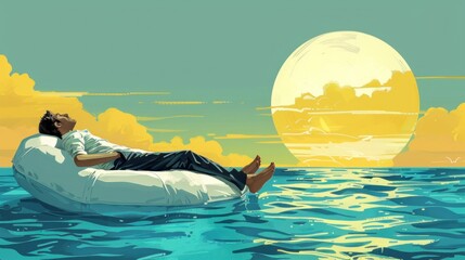 Business safety net concept with businessman sleeping peaceful on raft at sea, Generative AI illustration