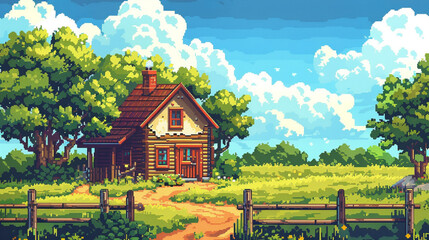 Wall Mural - 2d pixel art of wooden house on the farm land, winter mountain as a background , game concept art