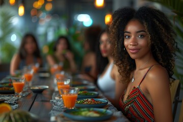 Group of african american women friends in cafe eating and drinking something. 