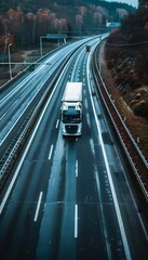 White truck on highway with natural landscape. Aerial photography with copy space. Logistics