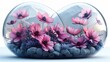Detailed 3D rendering of cosmos flowers in a sleek glass flower pod, clipart isolated on a white background