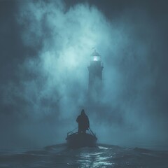 A man is in a boat in the middle of a foggy night