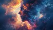 Cosmic portrait melding human features with nebula clouds, encapsulating the concept of the universe within us, Concept of cosmos, imagination, and the beauty of the human connection with space
