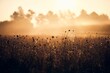 Stunning sunset is framed by a foggy backdrop and a field of tall, swaying grass