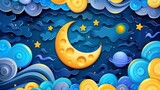 Fototapeta  - A colorful cartoon night scene features a yellow moon with craters floating in swirly clouds. Stars, planets, and bubbles fly through the sky, creating a whimsical and magical ambiance.