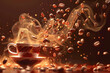 An energetic burst of coffee beans flying out from a 3D vector illustrated espresso cup, with steam swirls in the air