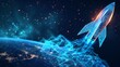 A digital rocket orbits Earth in space. Abstract blue background and 3D-effect wireframe illustration.