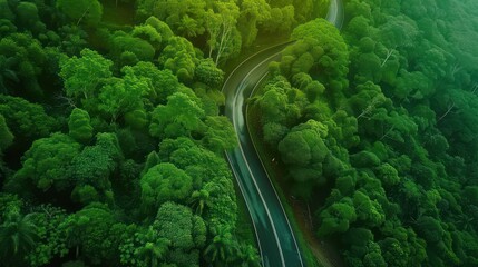 Wall Mural - An aerial view of a dense, vibrant green forest with a serpentine road cutting through it, showcasing nature's beauty and human's footprint