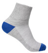 Gray sports ankle sock with blue heel and toe design on foot mannequin isolated