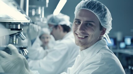 Poster - A male scientist with a protective cap and lab coat is smiling at the camera while working with a microscope in a laboratory setting