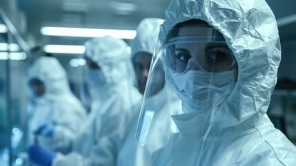 Poster - Three scientists in protective hazmat suits conducting research in a high-tech laboratory environment, showcasing modern scientific research in safety