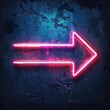 A neon pink arrow sign glows brightly against a textured, grungy blue concrete wall, symbolizing direction, guidance, and nightlife ambiance