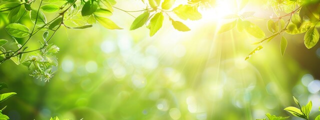 Beautiful natural spring summer defocused background with fresh lush foliage and bokeh in nature.