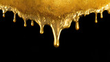 Fototapeta Natura - Golden paint dripping on black background. Melting gold liquid. Minimal makeup, fashion concept.