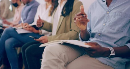 Poster - Group, business people and hand gesture for recruitment, hiring or career opportunity in waiting room. Closeup, professional and hr row with thumbs up, ok and call sign to recommend company or vote