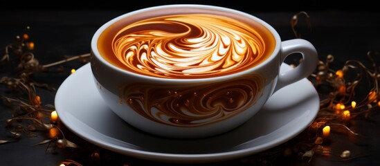 Sticker - A Coffee cup of cappuccino rests on a saucer atop a table, alongside other Drinkware like Cortado and Wiener melange