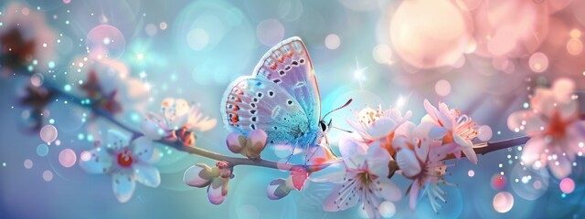 Wall Mural - Beautiful white butterfly on white flower buds on a soft blurred blue background spring or summer in nature. Gentle romantic dreamy artistic image, beautiful round bokeh.