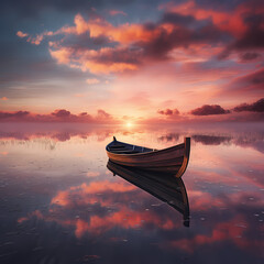 Wall Mural - A lone boat sailing on a calm lake with reflections