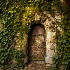 Canvas Print - A mysterious door in an ancient stone wall with ivy