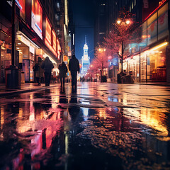 Poster - A reflection of city lights on a rainy street. 