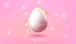 Happy Easter design with realistic egg. Holiday easter banner or card with confetti on pink background. Vector Illustrator.
