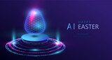 Fototapeta Panele - Easter Ai glow wireframe egg in a futuristic style vector. 3d hologram egg model on technology light podium. Holiday banner science cyber concept.	
