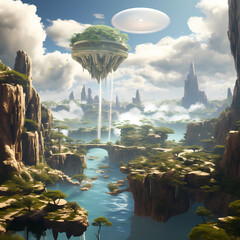 Poster - A surreal landscape with floating islands and waterfalls