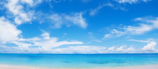 Canvas Print - A coastal natural landscape with a deep blue sky and fluffy white cumulus clouds over the vast ocean creating a serene and picturesque scene