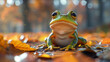 A 3D Render frog character sitting in the autumn garden with orange autumn leaves on the ground
