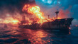 Environmental disaster at sea. A burning oil tanker in the sea.