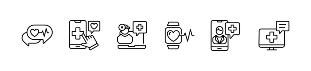 Wall Mural - health care media digital consultation icon vector line set online doctor support diagnosis medicals assistant mobile symbol illustration