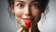 A close-up image of a young woman, capturing the moment she is about to taste a strawberry. Her gaze is fixed on the strawberry with an expression of joyful anticipation. Strawberries, sparkling with 