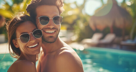 Couple in love, man and woman, embracing in resort pool on tropical vacation honeymoon