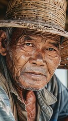 A farmer taking a break during Songkran, closeup showing his weathered face and traditional hat