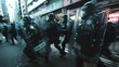  Concept art of phalanx of police in riot gear advances methodically through a city street, poised and ready, amidst a dance of shadows and light that lends a cinematic intensity to the scene.