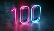 Glowing neon light number '100' on dark reflective surface. Achievement and centenary concept.