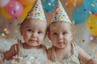 Birthday bliss for Gemini twins, children reveling with balloons and party headwear