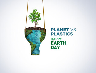 Wall Mural - Planet vs. Plastics , Earth day 2024 concept 3d tree background. Ecology concept. Design with globe map drawing and leaves isolated on white background. 