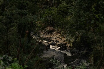 Peaceful scene of mountainous terrain featuring lush green grass and rocky outcrops in Georgi