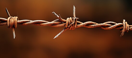 Canvas Print - A closeup of a barbed wire fence with a brown background, capturing the intricate details of the wire fencing contrasting against the wood and plant twigs