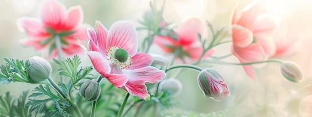 Wall Mural - Gently pink flowers of anemones outdoors in summer spring close-up on light emerald background with soft selective focus. Delicate dreamy image of beauty of nature.