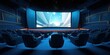 Within the cinema interior, the atmosphere is set with rows of seats arranged neatly, all focused on the blank white screen, awaiting the flicker of cinematic magic.