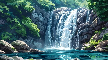 Canvas Print - Serene Waterfall Oasis Amid Lush Green Forest Landscape with Tranquil Flowing Stream and Reflective Pool