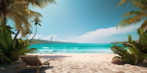 Wall Mural - Beach view with lounge chairs and wicker basket