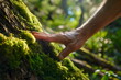 A hand touching moss on a tree
