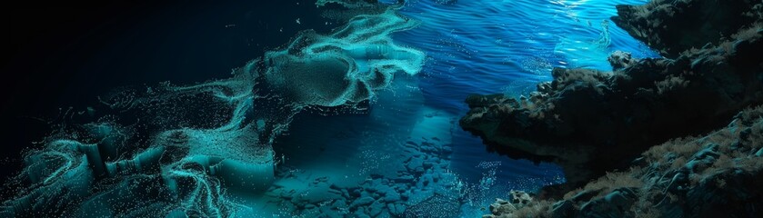 Wall Mural - Aerial view of a bioluminescent bay at night, glowing organisms lighting up the water hyper realistic
