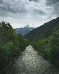 Wall Mural - Scenic view of a river flowing through green mountains on a foggy day